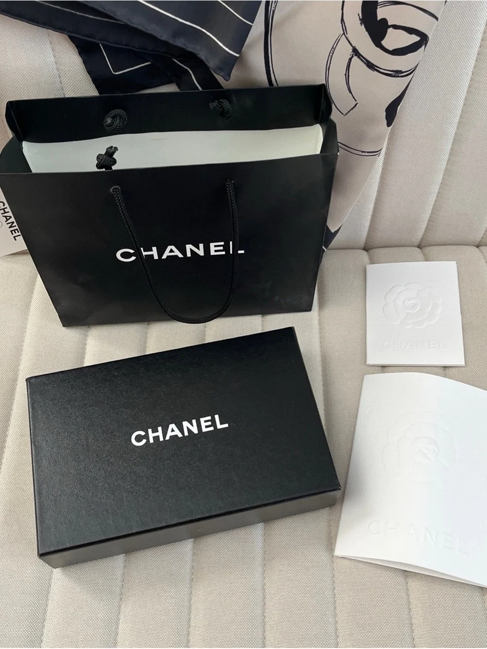 CHANEL icon motifs silk scarf with original packaging tags